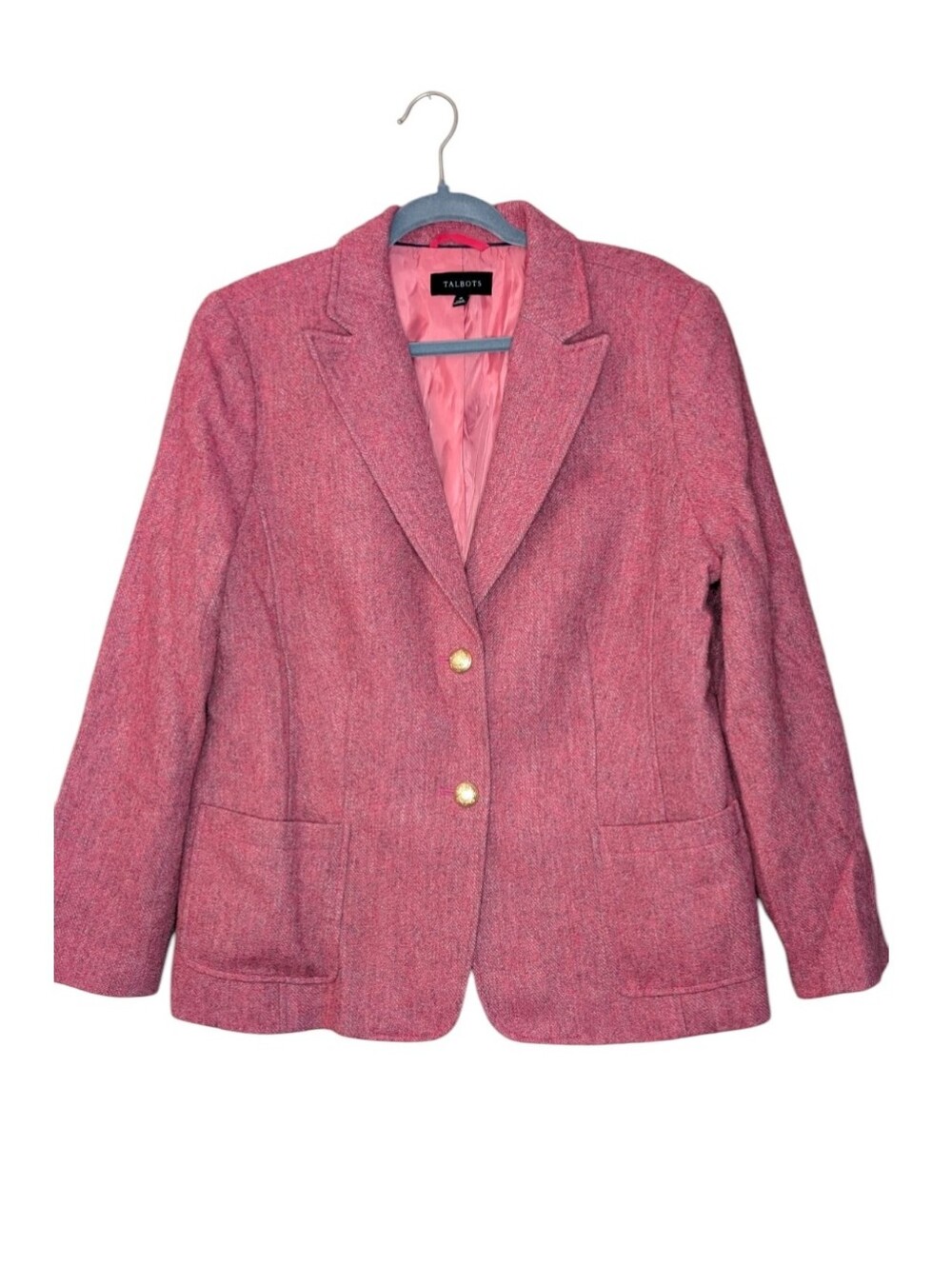 Talbots Pink Tweed Blazer Jacket Wool Blend Gold Buttons Classic Fit Size 16